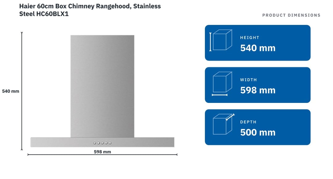 Haier 60cm Box Chimney Rangehood, Stainless Steel HC60BLX1 — product dimensions