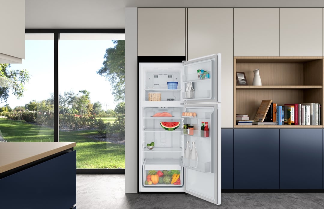 Open 341L Top Mount Fridge in a modern kitchen with a garden view