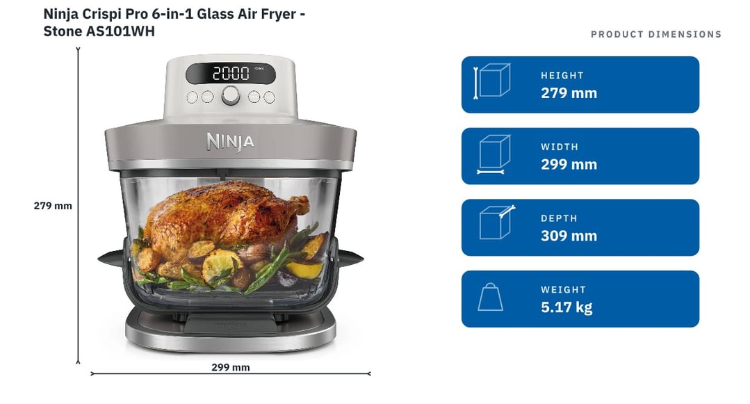 Ninja Crispi Pro 6-in-1 Glass Air Fryer - Stone AS101WH — product dimensions