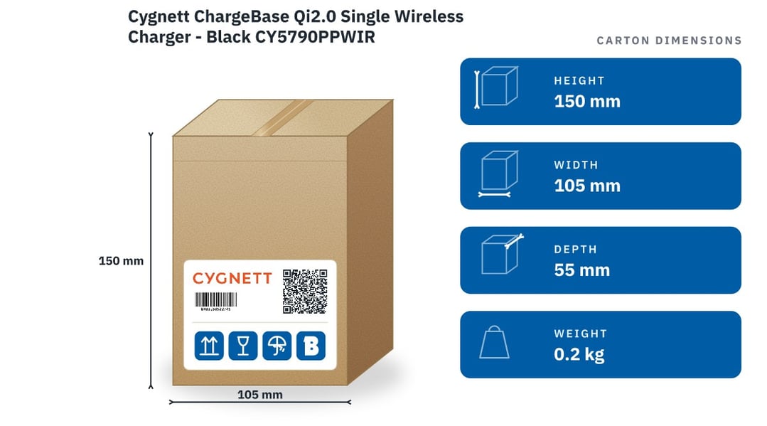 Cygnett ChargeBase Qi2.0 Single Wireless Charger - Black CY5790PPWIR — packaged dimensions
