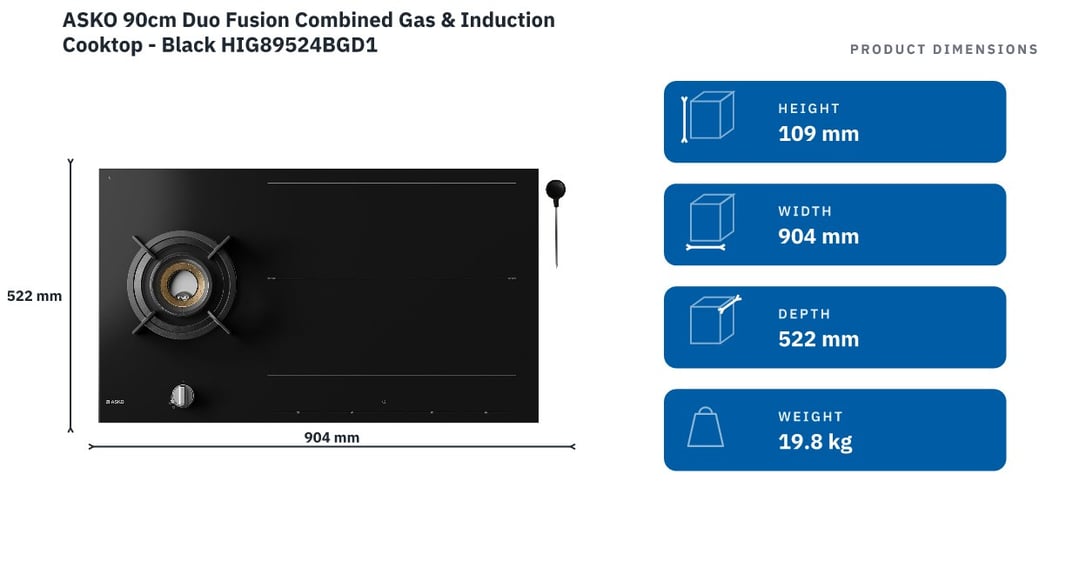 ASKO 90cm Duo Fusion Combined Gas & Induction Cooktop - Black HIG89524BGD1 — product dimensions