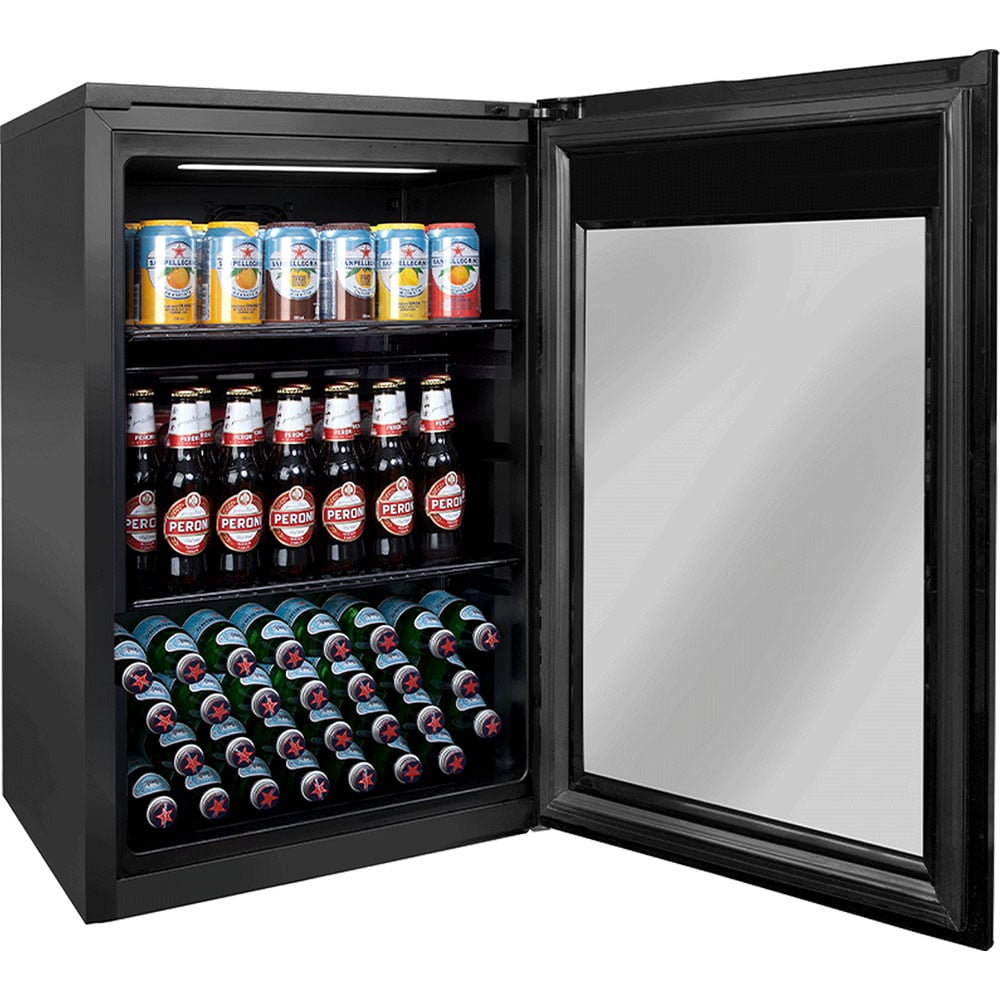 Black beverage cooler with glass door open, filled with drinks