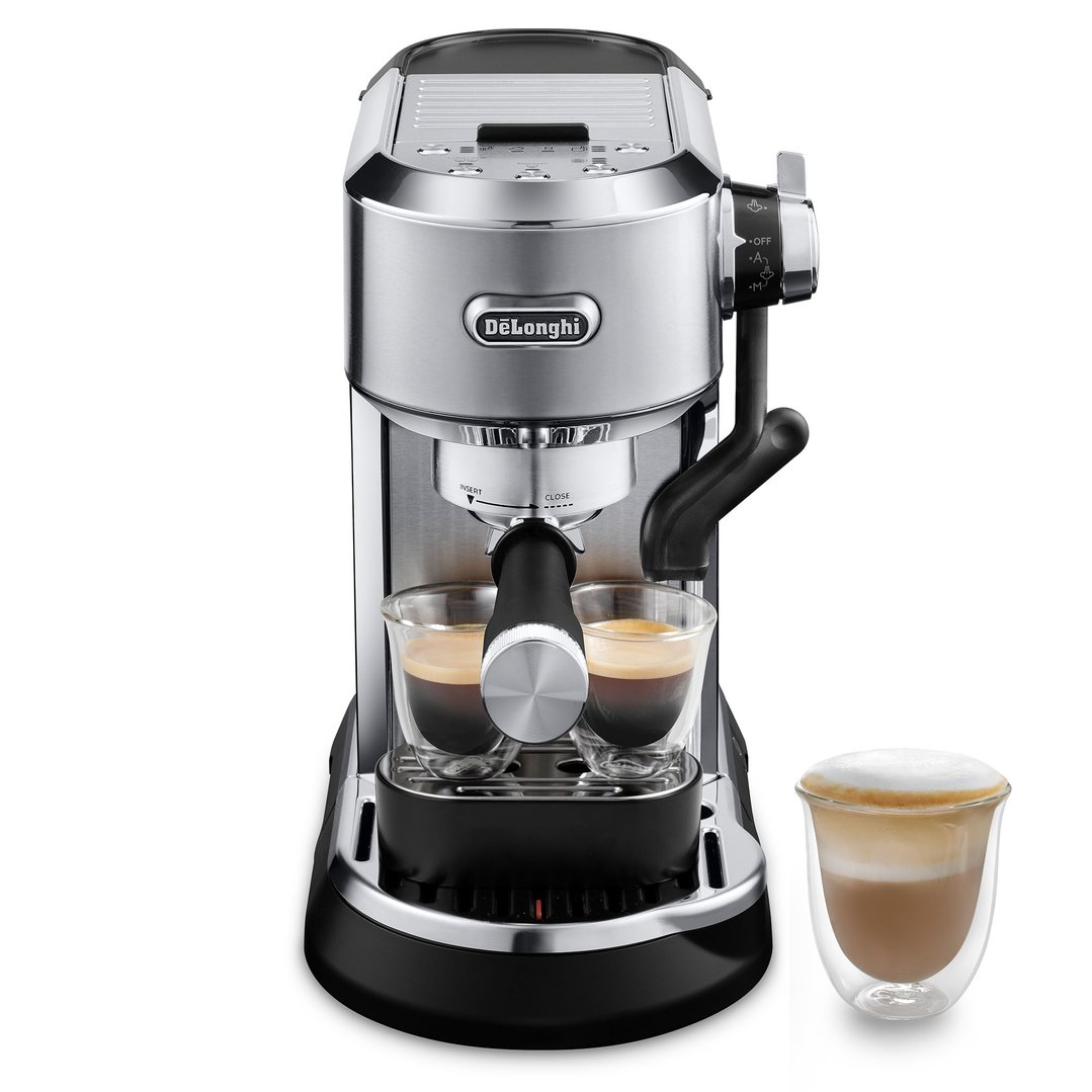 DeLonghi Dedica Maestro Plus manual coffee machine with two espresso cups and a latte