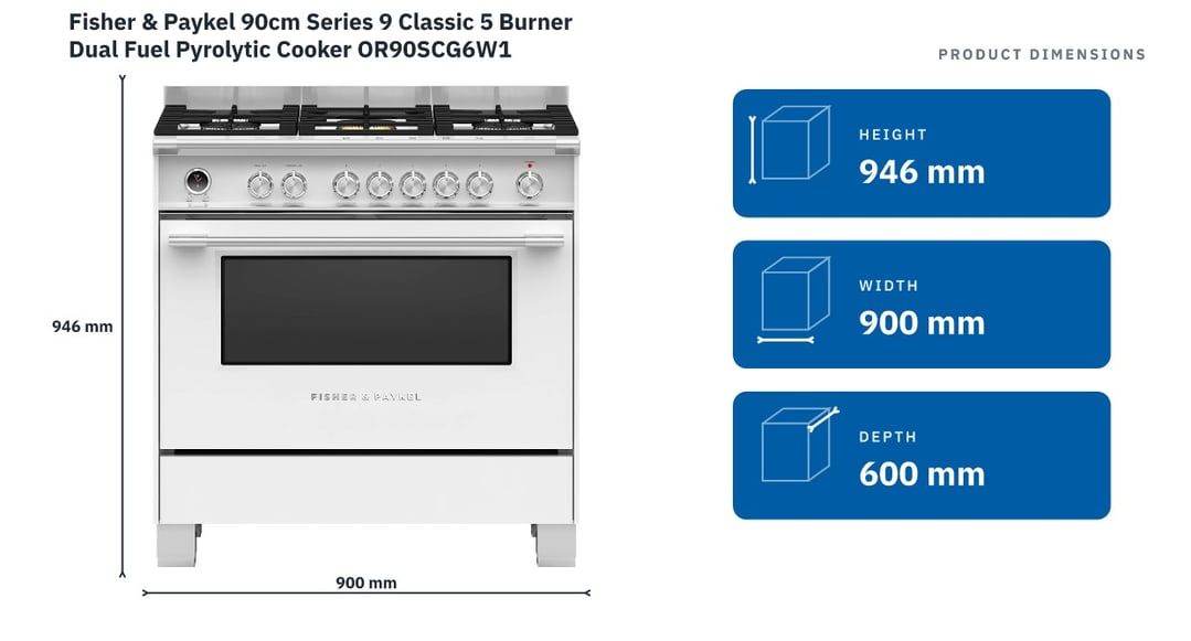 Fisher & Paykel 90cm Series 9 Classic 5 Burner Dual Fuel Pyrolytic Cooker OR90SCG6W1 — product dimensions