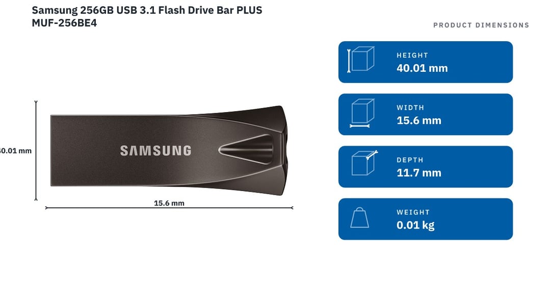 Samsung 256GB USB 3.1 Flash Drive Bar PLUS MUF-256BE4 — product dimensions