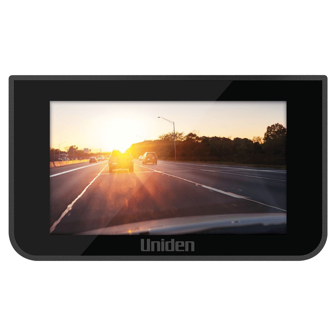 Dash cam displaying a highway scene with cars and a sunset