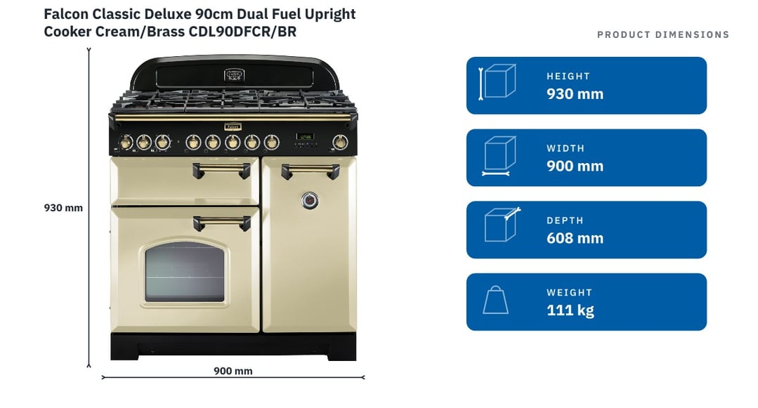 Falcon Classic Deluxe 90cm Dual Fuel Upright Cooker Cream/Brass CDL90DFCR/BR — product dimensions