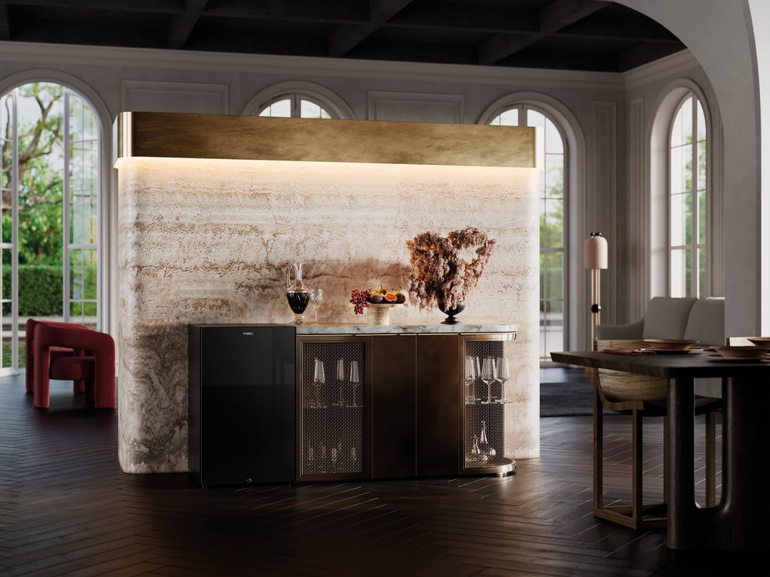Black VINTEC wine cabinet integrated into a luxurious bar area in a living room