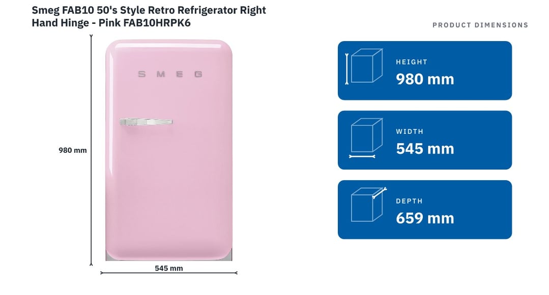 Smeg FAB10 50's Style Retro Refrigerator Right Hand Hinge - Pink FAB10HRPK6 — product dimensions