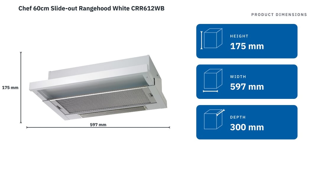 Chef 60cm Slide-out Rangehood White CRR612WB — product dimensions