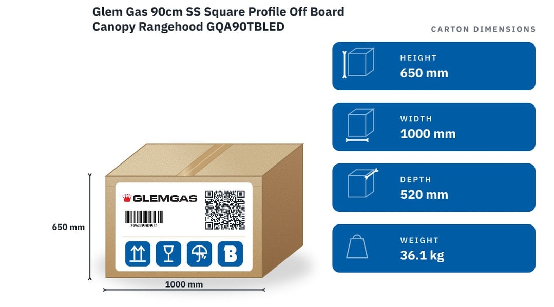 Glem Gas 90cm SS Square Profile Off Board Canopy Rangehood GQA90TBLED — packaged dimensions