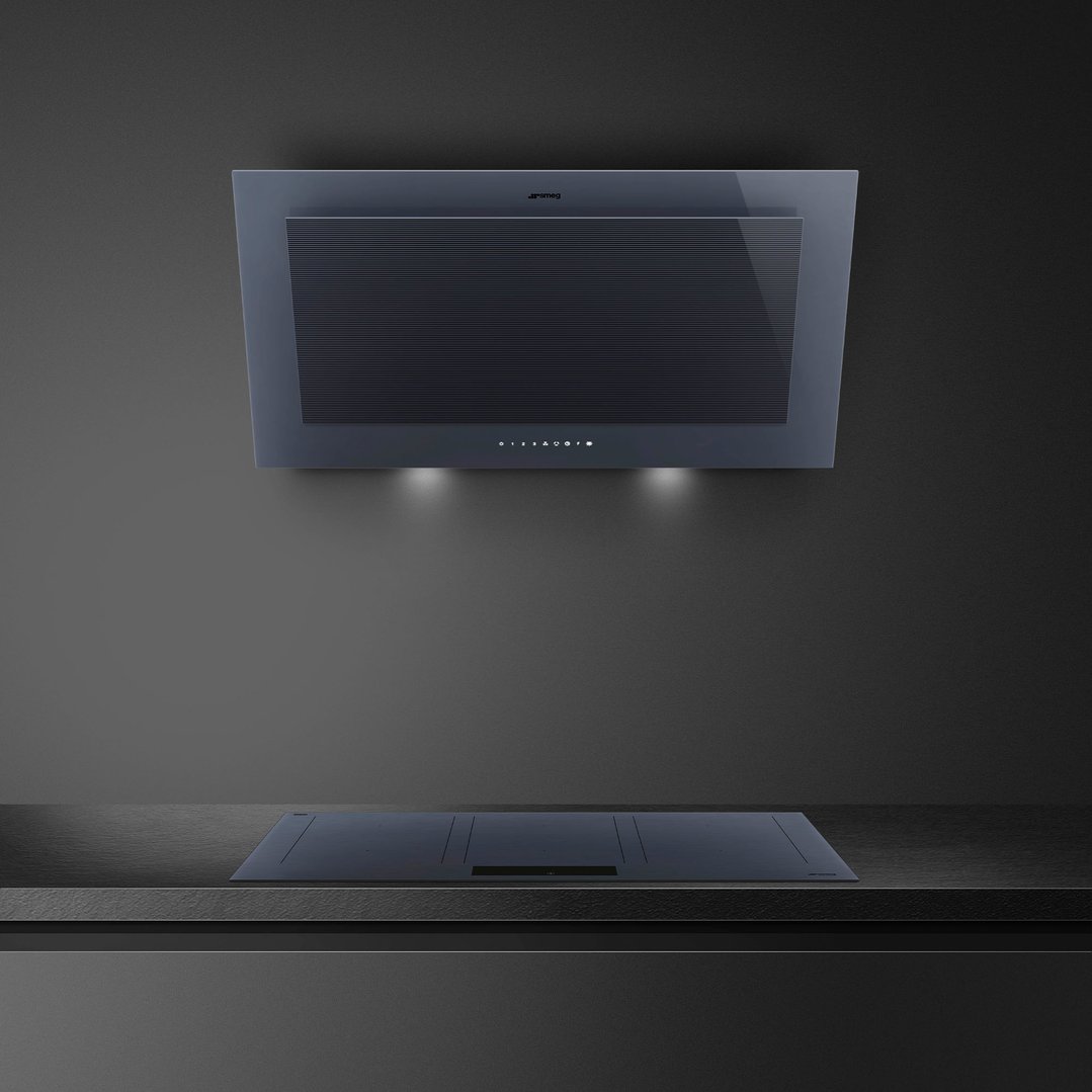 Neptune grey vertical rangehood and cooktop installed in a modern kitchen setting