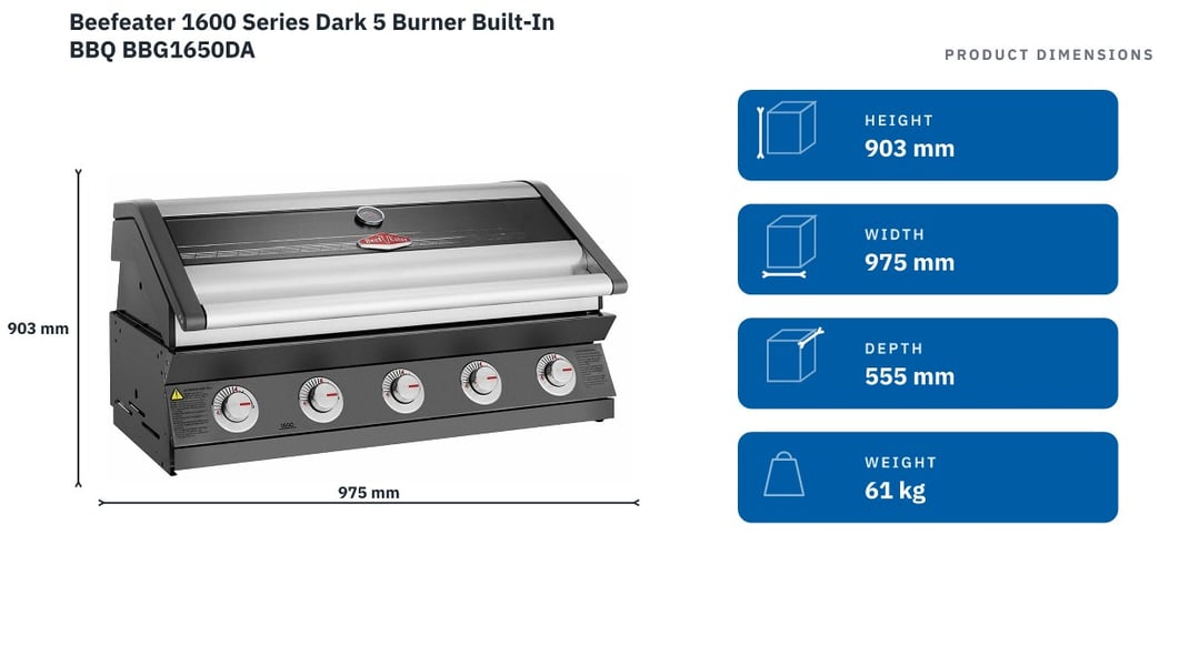 Beefeater 1600 Series Dark 5 Burner Built-In BBQ BBG1650DA — product dimensions