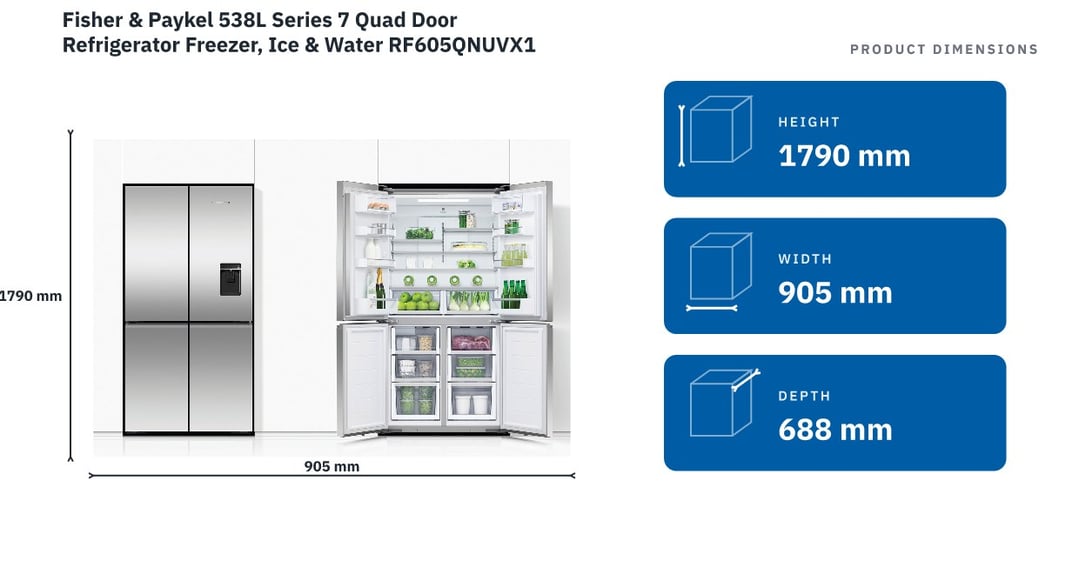 Fisher & Paykel 538L Series 7 Quad Door Refrigerator Freezer, Ice & Water RF605QNUVX1 — product dimensions