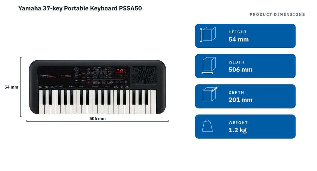 Yamaha 37-key Portable Keyboard PSSA50 — product dimensions