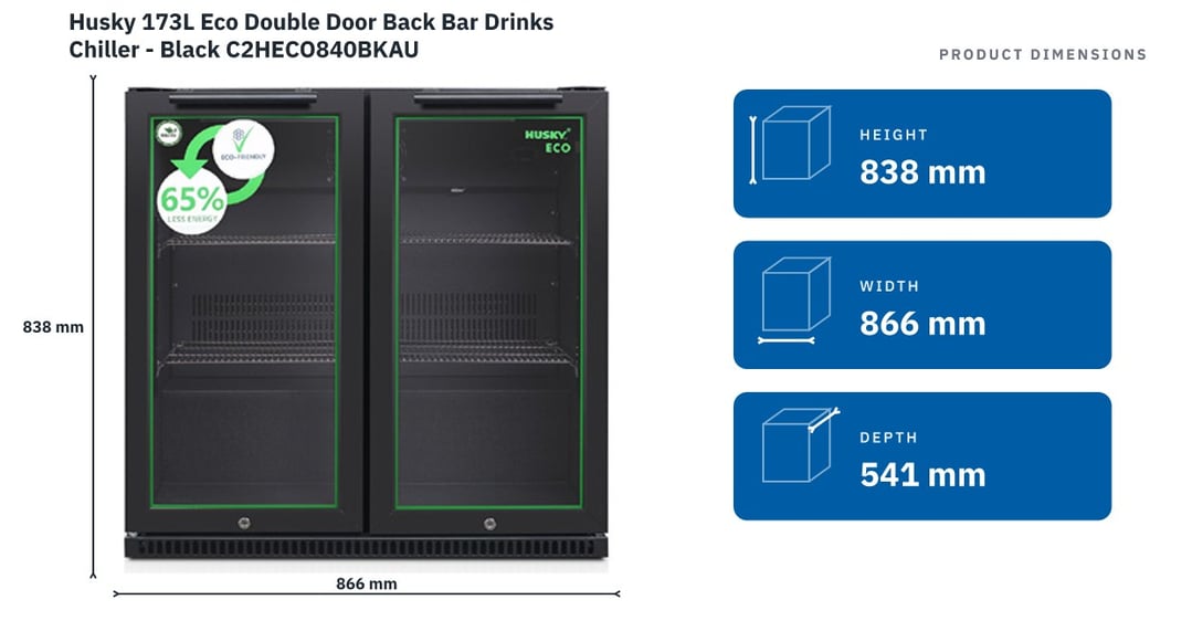 Husky 173L Eco Double Door Back Bar Drinks Chiller - Black C2HECO840BKAU — product dimensions