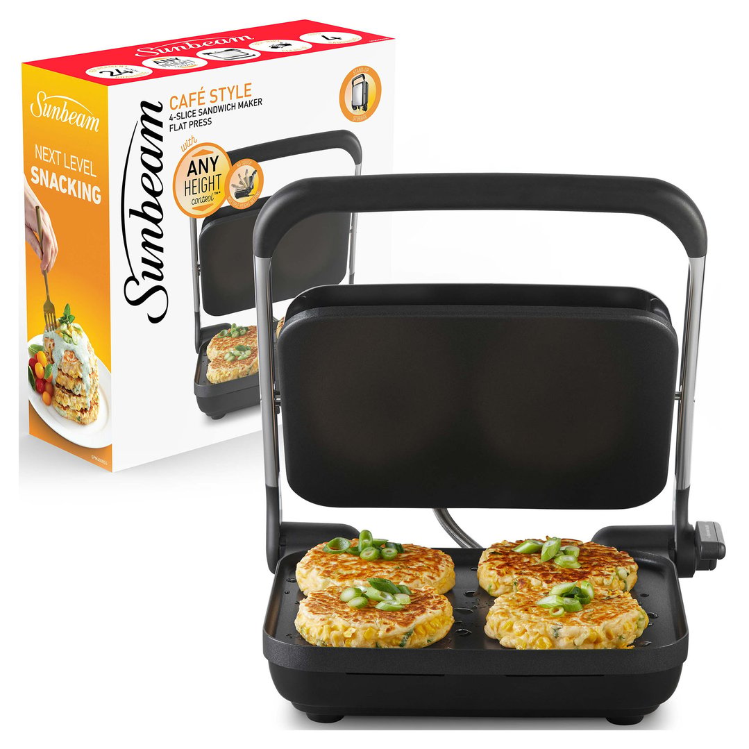 Sunbeam Café Style 4-Slice Sandwich Press & Grill with box and food on grill