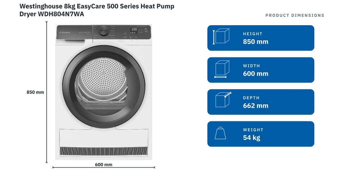 Westinghouse 8kg EasyCare 500 Series Heat Pump Dryer WDH804N7WA