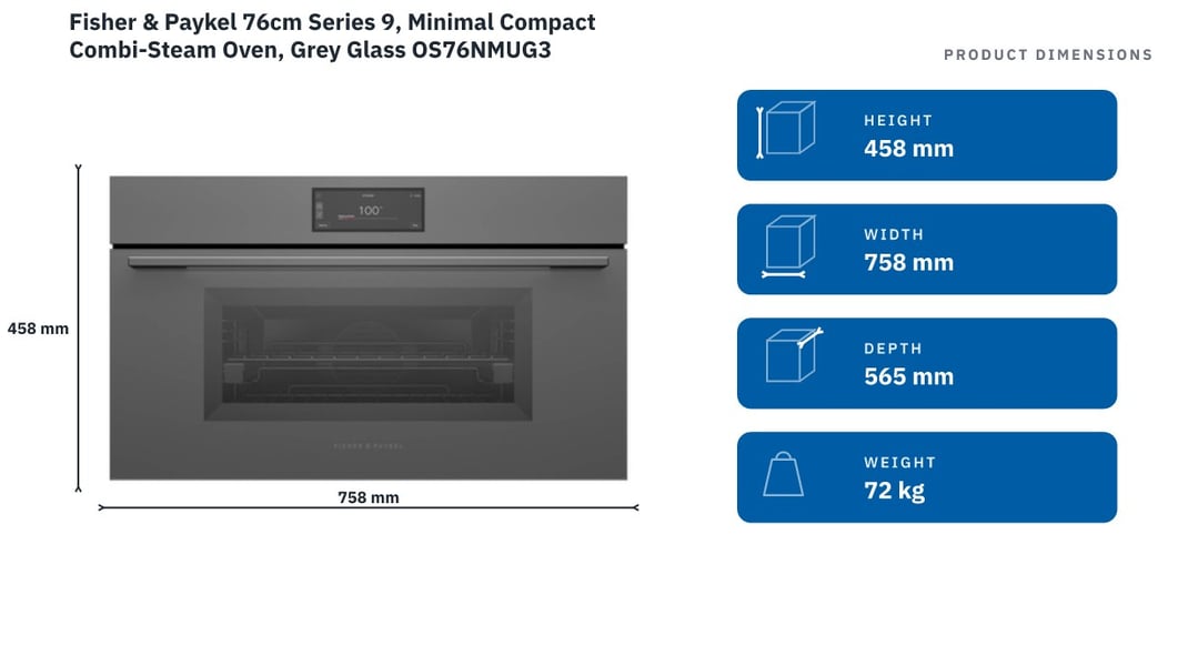 Fisher & Paykel 76cm Series 9, Minimal Compact Combi-Steam Oven, Grey Glass OS76NMUG3 — product dimensions