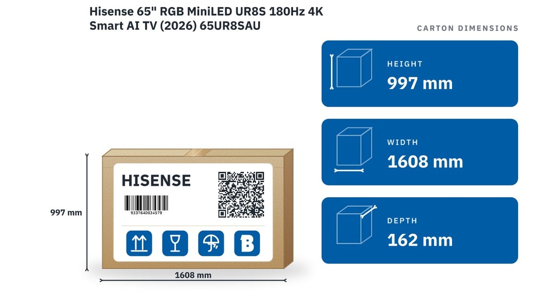 Hisense 65" RGB MiniLED UR8S 180Hz 4K Smart AI TV (2026) 65UR8SAU