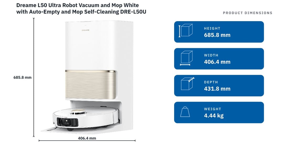 Dreame L50 Ultra Robot Vacuum and Mop White with Auto-Empty and Mop Self-Cleaning DRE-L50U — product dimensions