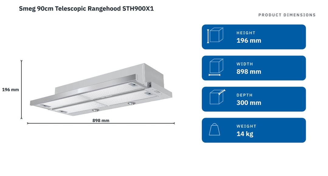 Smeg 90cm Telescopic Rangehood STH900X1 — product dimensions