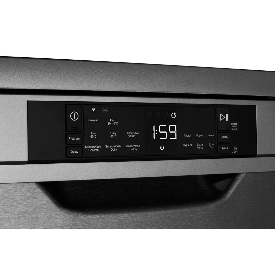 Close up of the control panel of a dishwasher with a digital display