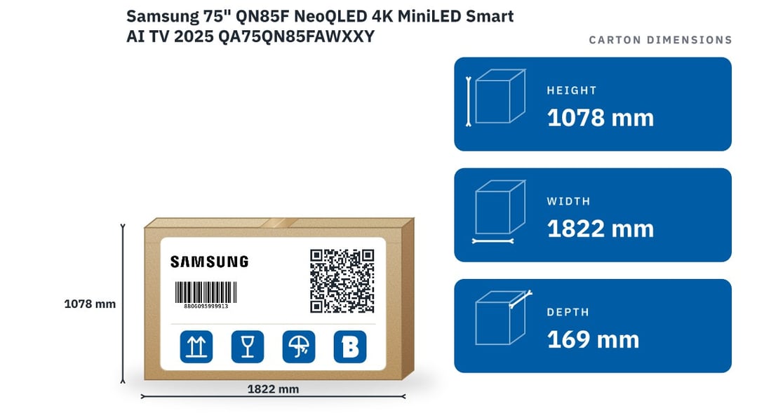 Samsung 75" QN85F NeoQLED 4K MiniLED Smart AI TV 2025 QA75QN85FAWXXY — packaged dimensions