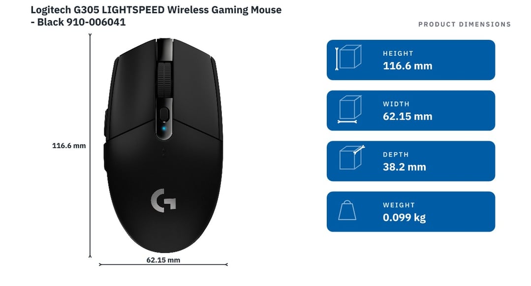 Logitech G305 LIGHTSPEED Wireless Gaming Mouse - Black 910-006041 — product dimensions