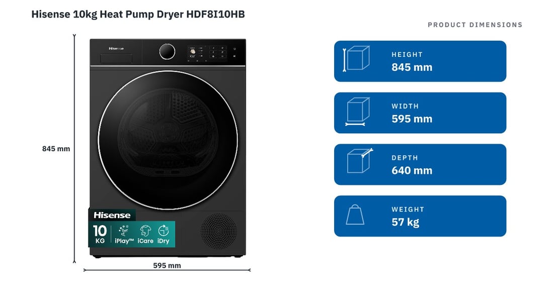 Hisense 10kg Heat Pump Dryer HDF8I10HB — product dimensions