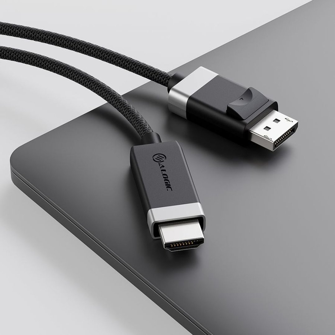 ALOGIC Fusion 4K DisplayPort to HDMI cable on a dark gray surface