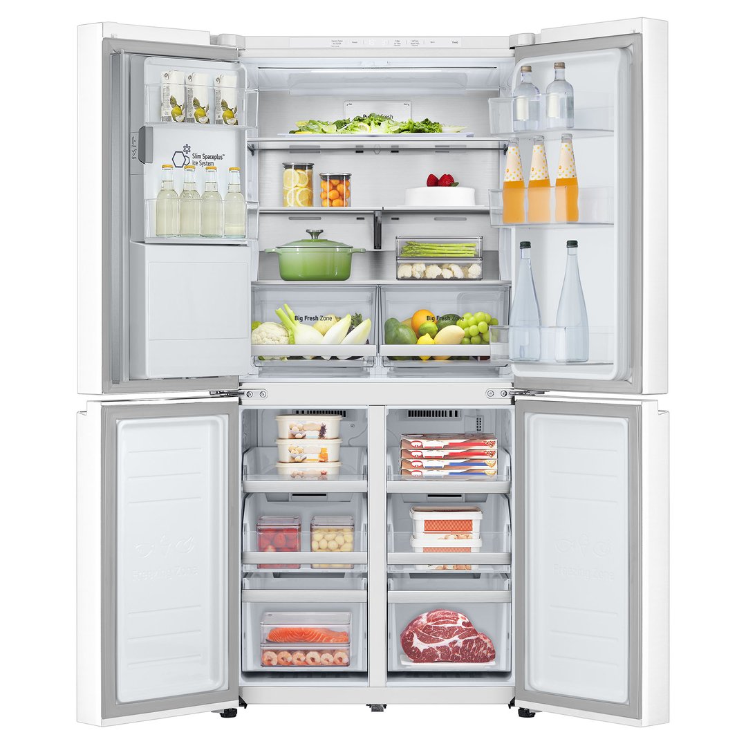 Open LG French Door fridge showing interior filled with food and drinks