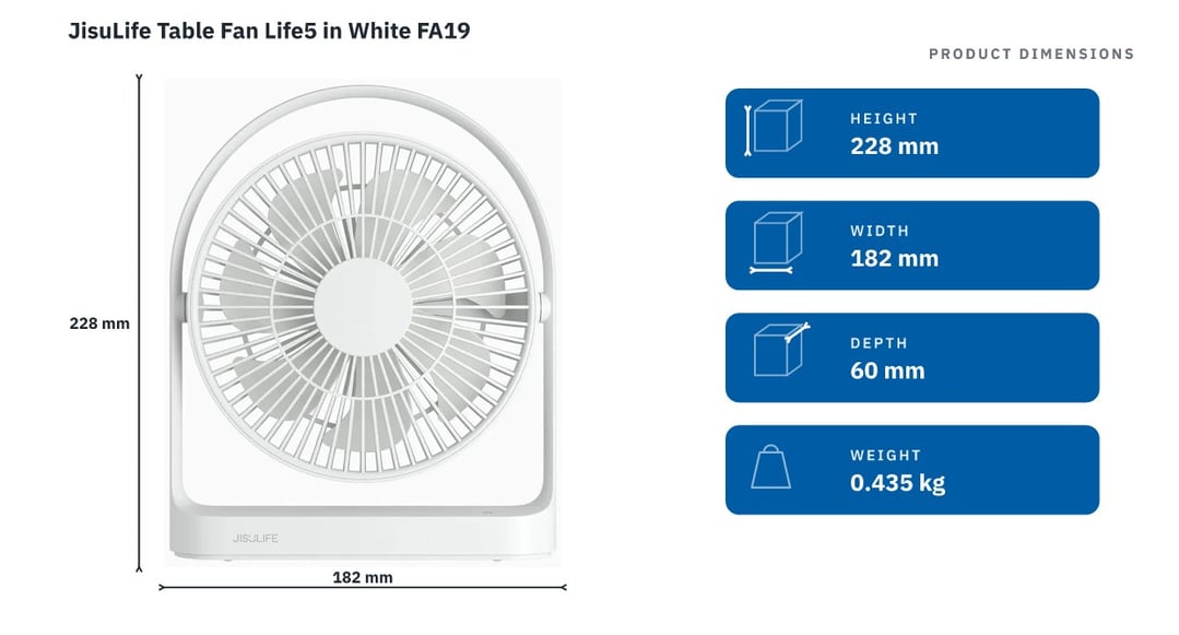 JisuLife Table Fan Life5 in White FA19 — product dimensions