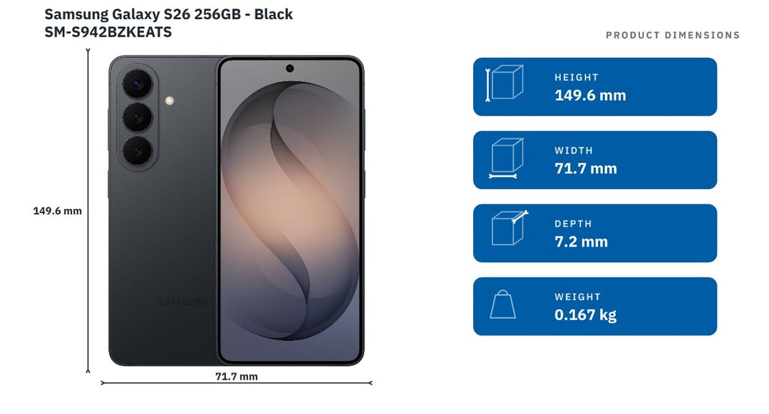 Samsung Galaxy S26 256GB - Black SM-S942BZKEATS — product dimensions