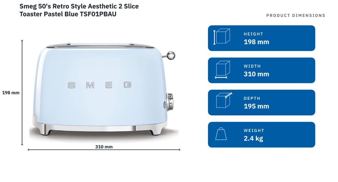 Smeg 50's Retro Style Aesthetic 2 Slice Toaster Pastel Blue TSF01PBAU