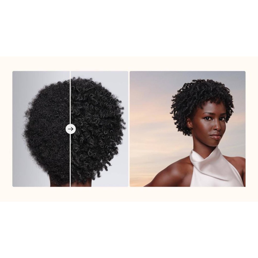 Before and after comparison of hair texture, with a woman modeling the after look