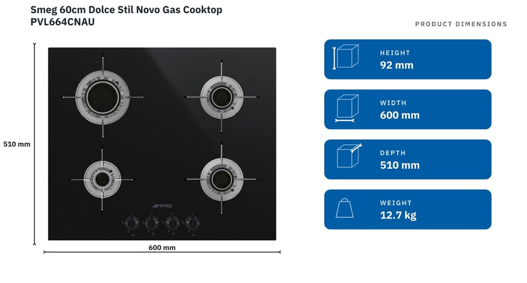 Smeg 60cm Dolce Stil Novo Gas Cooktop PVL664CNAU — product dimensions