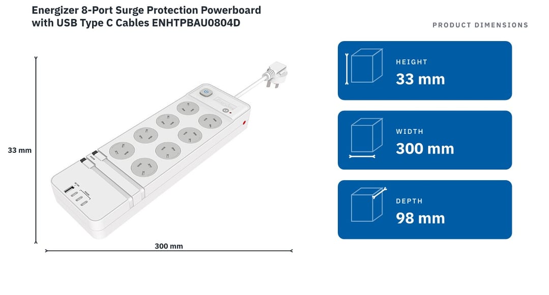Energizer 8-Port Surge Protection Powerboard with USB Type C Cables ENHTPBAU0804D — product dimensions