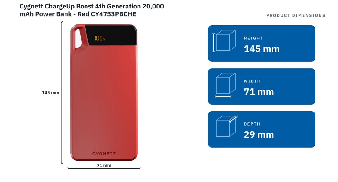 Cygnett ChargeUp Boost 4th Generation 20,000 mAh Power Bank - Red CY4753PBCHE — product dimensions