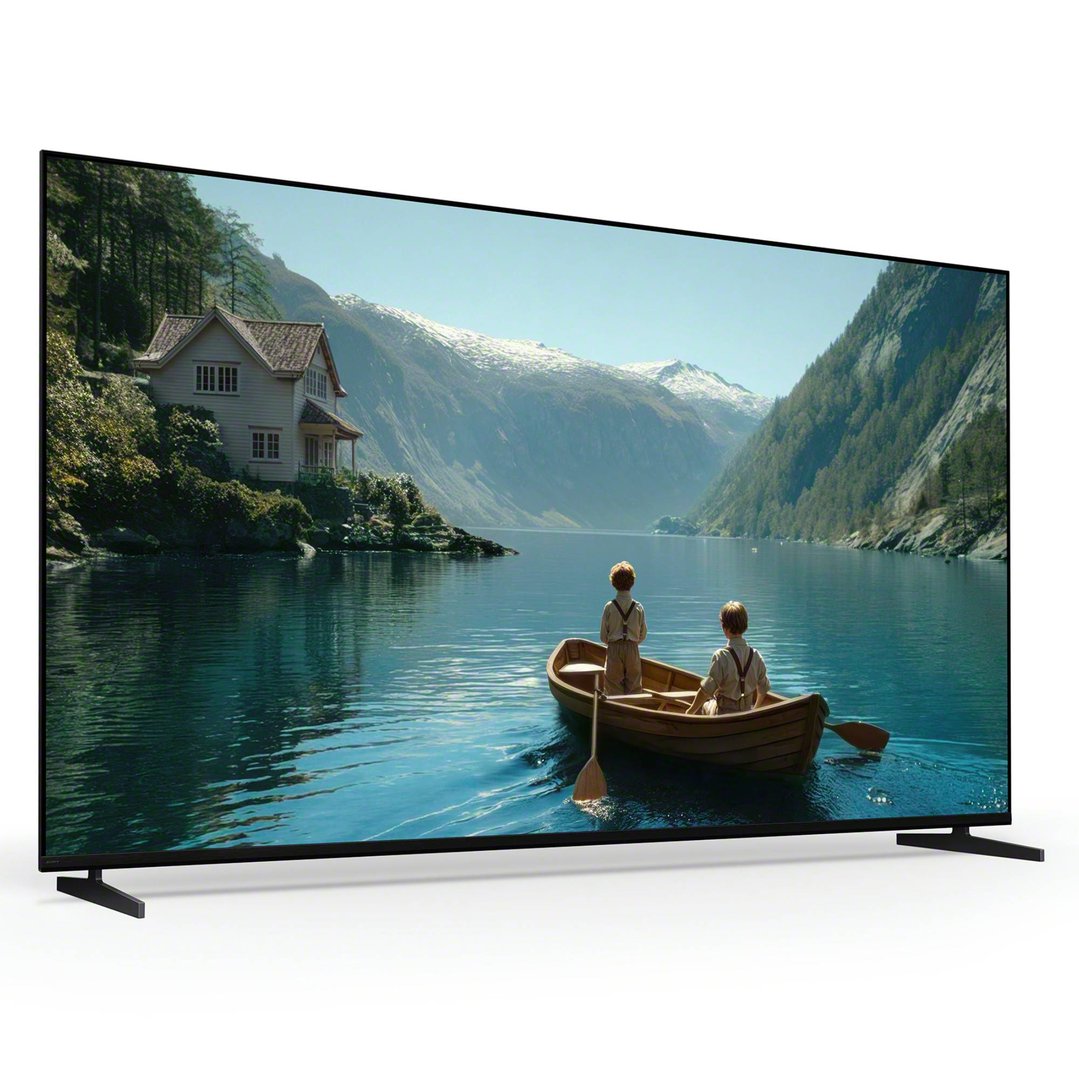 Sony TV displaying a scenic view of a lake with two boys in a boat