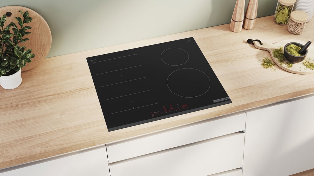 Bosch Series 6 Flex Induction Cooktop in a modern kitchen with wooden benchtop