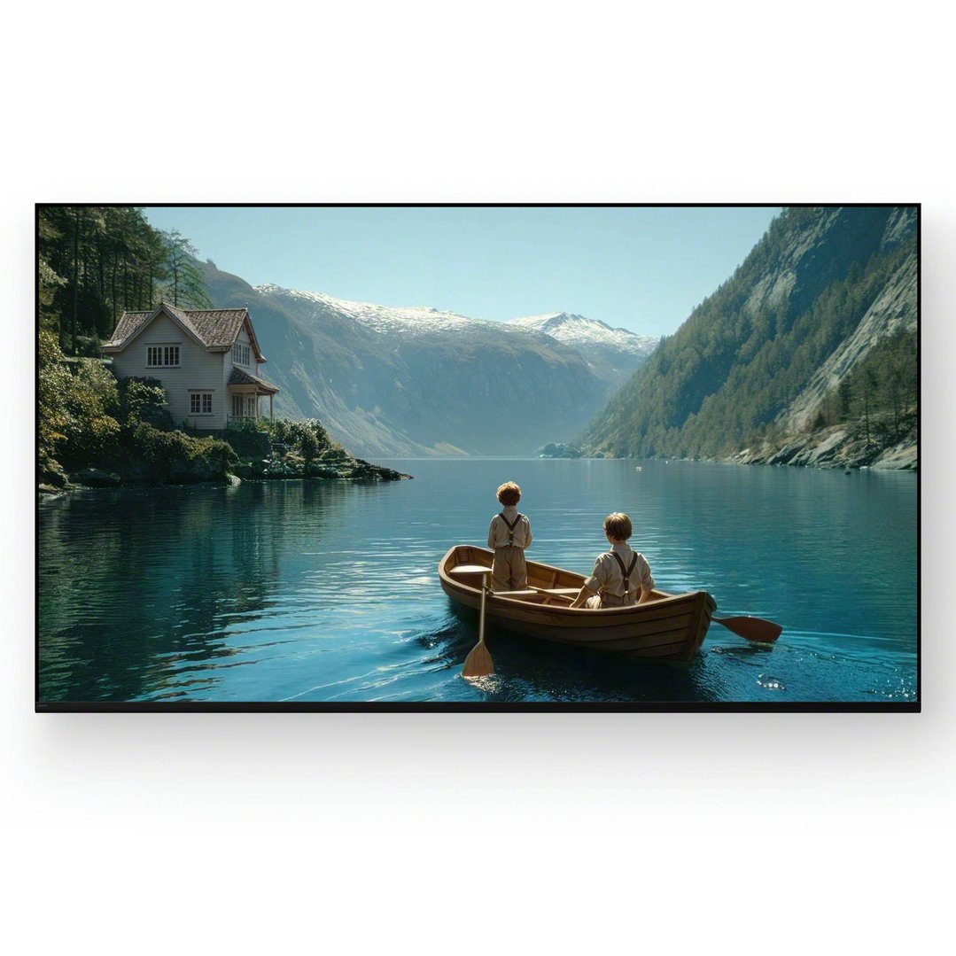 SONY TV displaying a scenic image of two boys in a boat on a lake