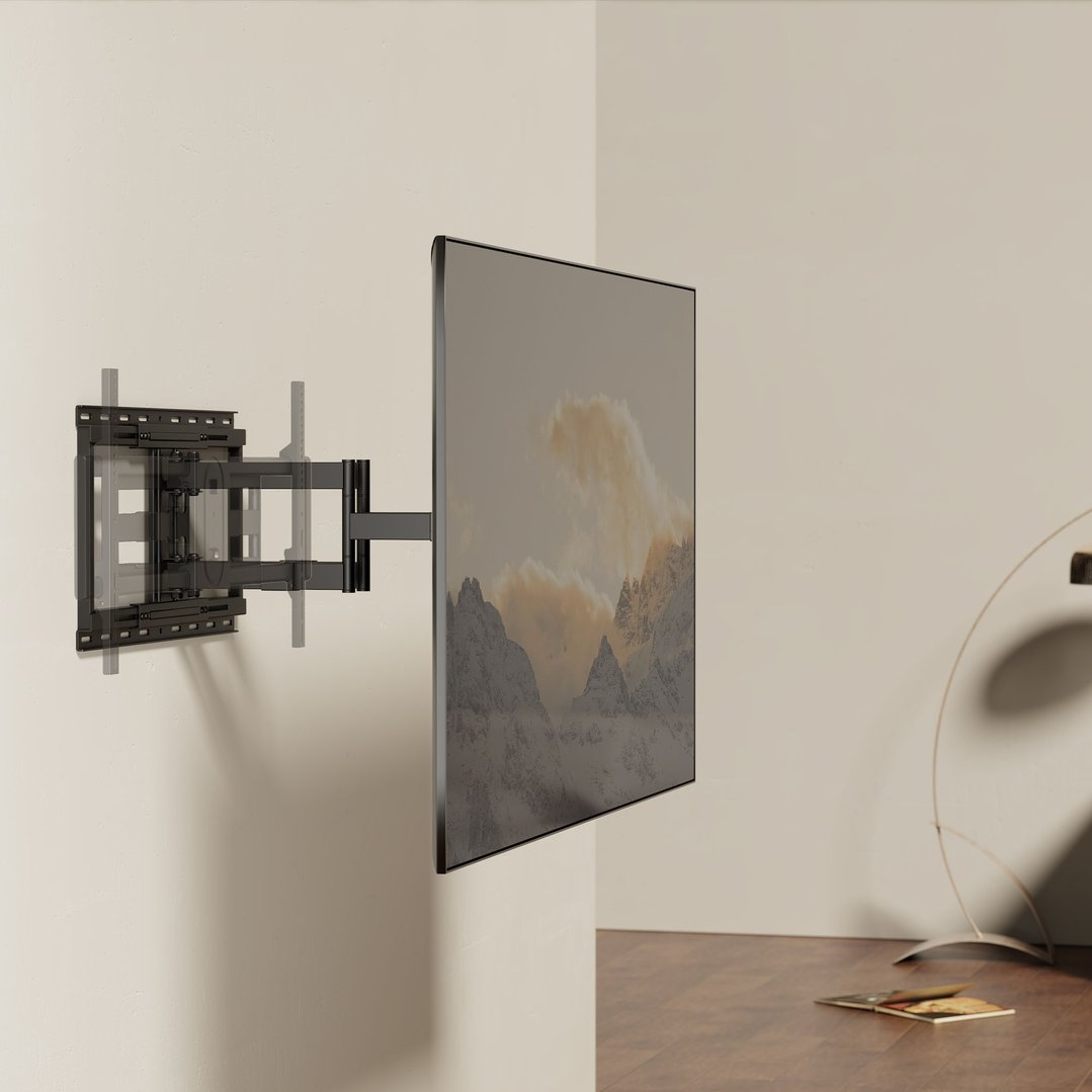 A full motion TV wall mount with a TV attached, in a corner setting