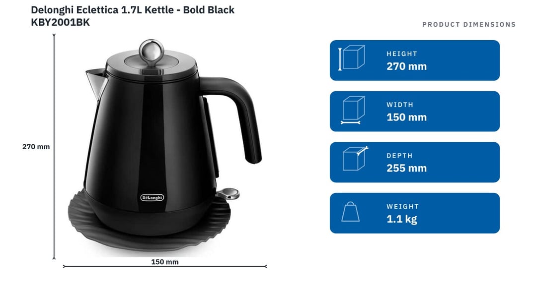 Delonghi Eclettica 1.7L Kettle - Bold Black KBY2001BK