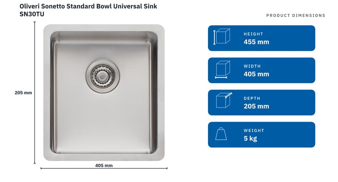 Oliveri Sonetto Standard Bowl Universal Sink SN30TU — product dimensions