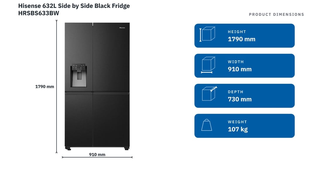 Hisense 632L Side by Side Black Fridge HRSBS633BW — product dimensions