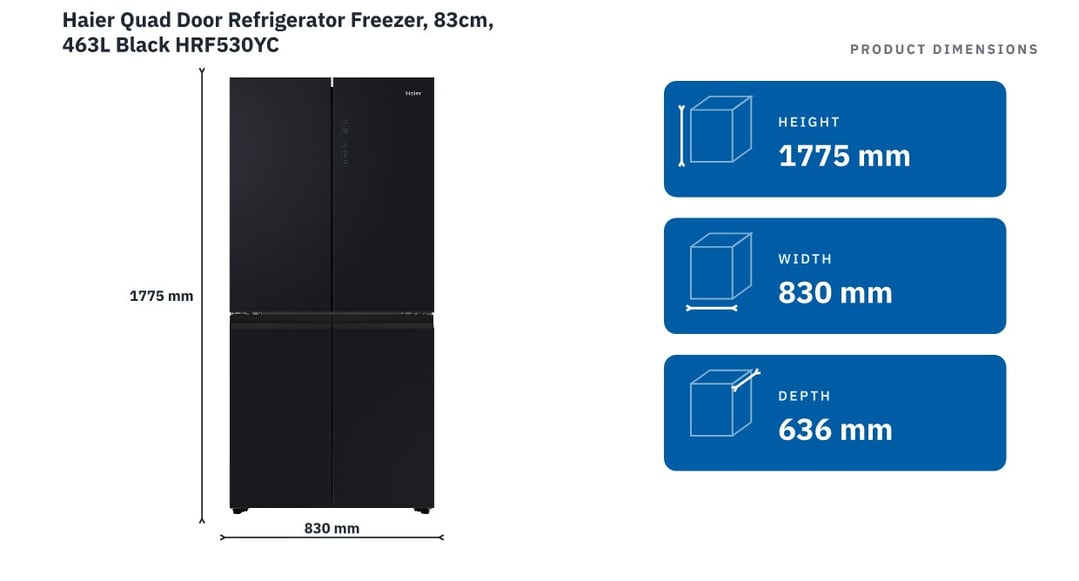 Haier Quad Door Refrigerator Freezer, 83cm, 463L Black HRF530YC