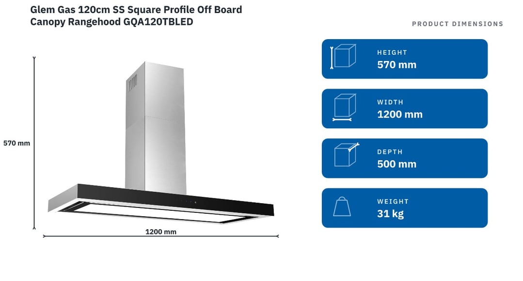 Glem Gas 120cm SS Square Profile Off Board Canopy Rangehood GQA120TBLED