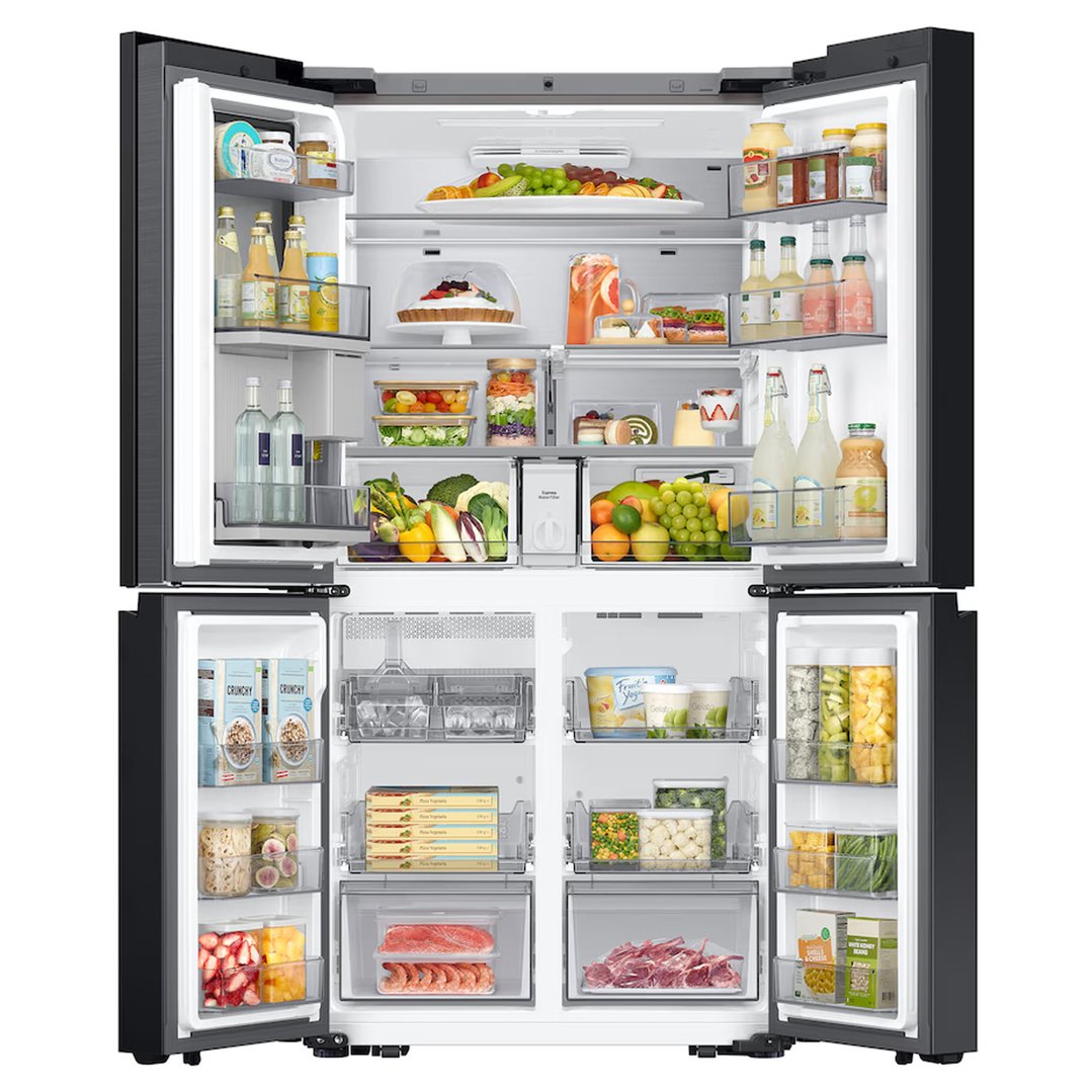 Open SAMSUNG 809L Bespoke AI 4-Door French Door Refrigerator filled with food