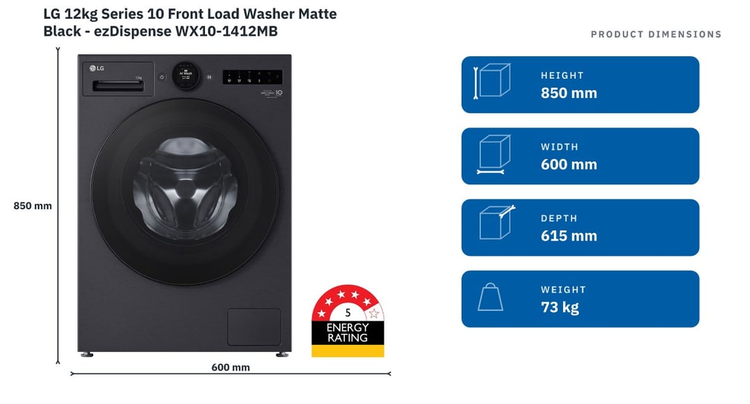 LG 12kg Series 10 Front Load Washer Matte Black - ezDispense WX10-1412MB — product dimensions